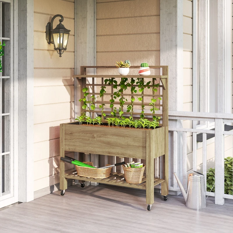 Outsunny 41" Raised Garden Bed Mobile Elevated Wooden Planter Box Stand with Wheels, Trellis and Storage Shelf, Dark Brown