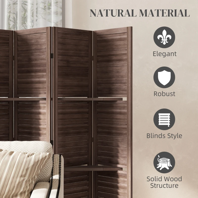 HOMCOM 6 Panel 67" Tall Wood Privacy Screen Room Divider with 3 Shelves and Folding Storage for Bedroom, Walnut