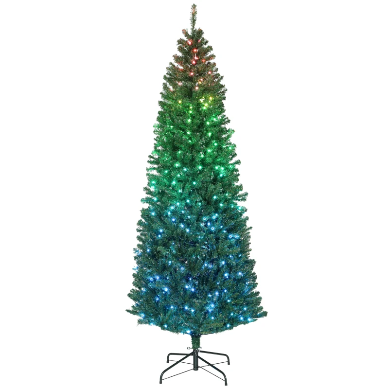 HOMCOM 7ft Artificial Christmas Tree with Colorful DIY Synchronized Lights, Remote, Hinged Slim Fir with Daily Timer