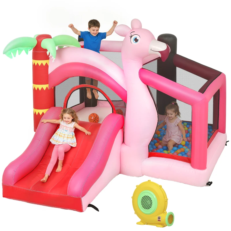 Qaba Inflatable Bounce House with Ball Pool, Basketball Hoop, Jumping Bouncy Castle with Blower for Indoor Outdoor, Pink