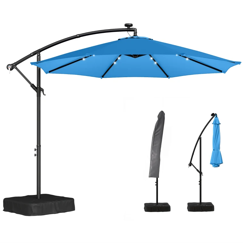 Outsunny 10 ft Cantilever Patio Umbrella with Light, Weight, Offset Hanging Outdoor Umbrella with Protective Cover, Lake Blue