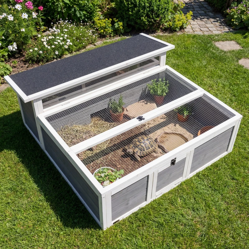 PawHut Tortoise Habitat Openable Top Wooden Tortoise Enclosure Run Area and Clear Window Dark Gray
