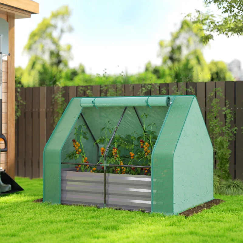 Outsunny 4 x 3 x 3ft Raised Garden Bed with Mini Greenhouse, Galvanized Raised Garden Bed with Cover, Green and Dark Gray