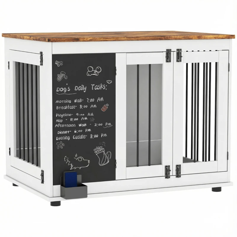 PawHut 39" Dog Crate Furniture Side Table for Large Dogs with Three Doors, Blackboard & Non-Slip Foot Pads, White