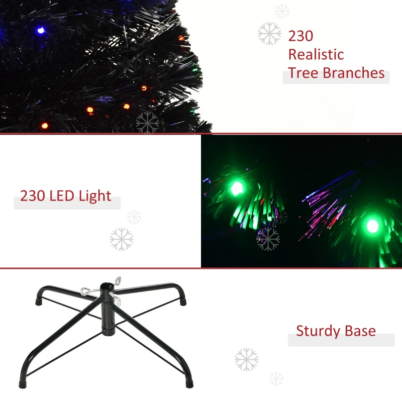 HOMCOM 6ft Tall Fir Artificial Christmas Tree with Realistic Branches, 230 Multi-Color Fiber Optic LED Lights and 230 Tips, Black