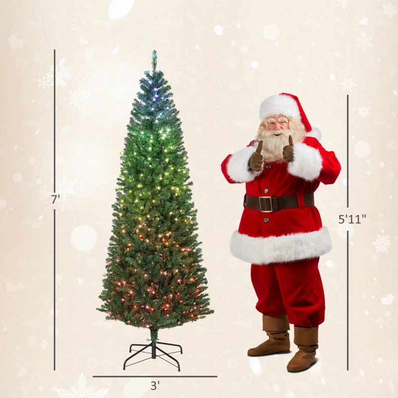 HOMCOM 7ft Artificial Christmas Tree with Colorful DIY Synchronized Lights, Remote, Hinged Slim Fir with Daily Timer