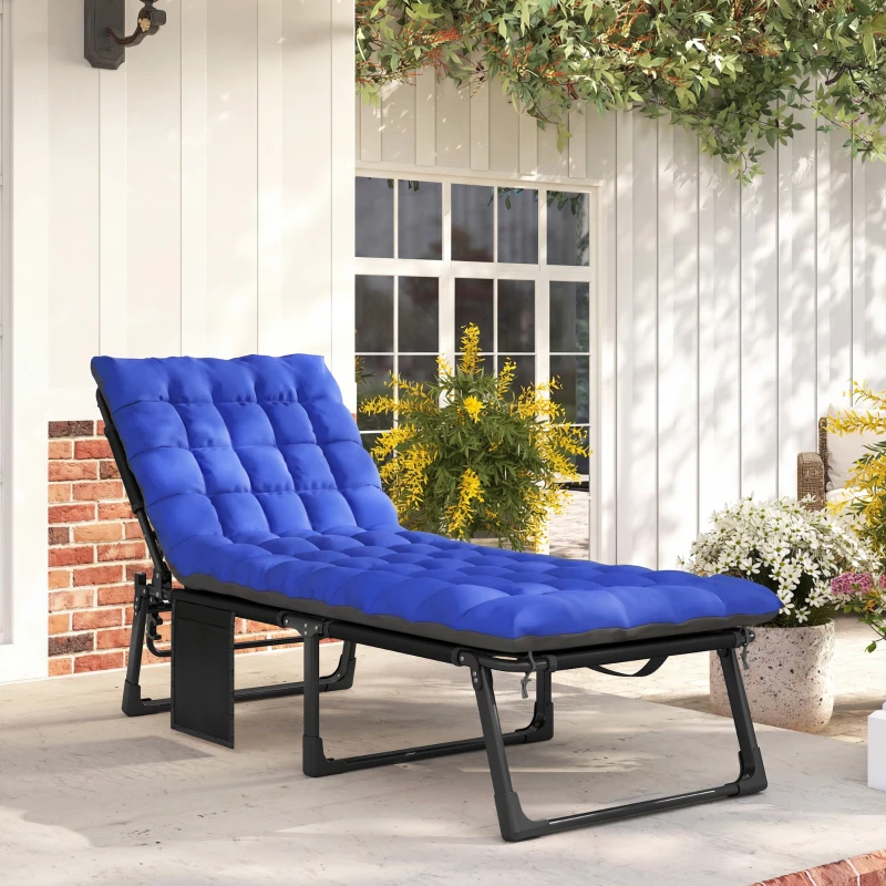 Outsunny Folding Chaise Lounge Chair Outdoor Tanning Chair with 5-Position Backrest, Cushion, Side Pocket, Gray/Blue