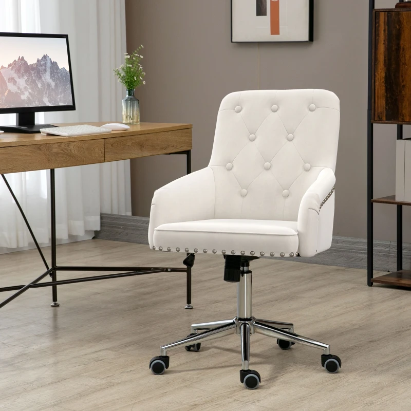 HOMCOM Modern Mid-back Desk Chair with Button Tufted Velvet Back, Nailhead Trim, Swivel Home Office Chair with Adjustable Height, Curved Padded Armrests, White