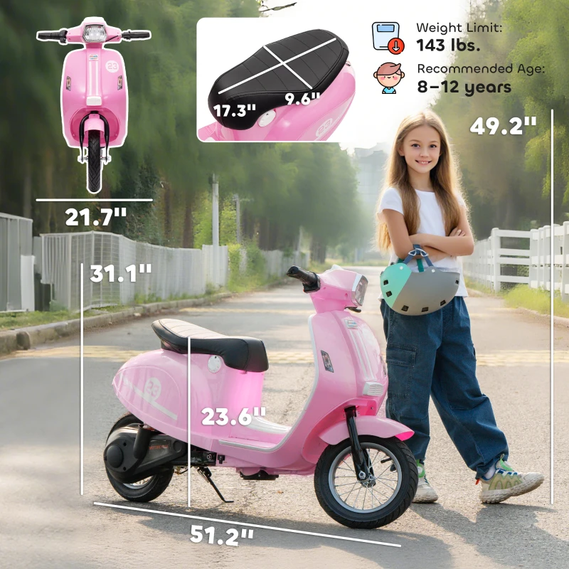 Qaba 24V Kids Motorcycle with 3-Speed, Electric Motorcycle with Rear Suspension and LED Lights for 8-12 Years Old, Pink