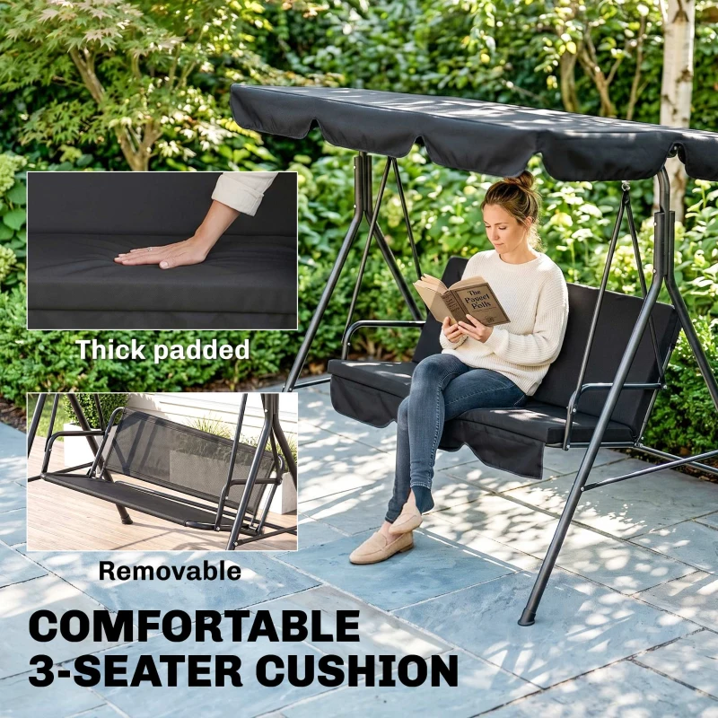 Outsunny 3-Seater Outdoor Porch Swing with Adjustable Canopy, Patio Swing Chair for Garden, Poolside, Backyard, Black