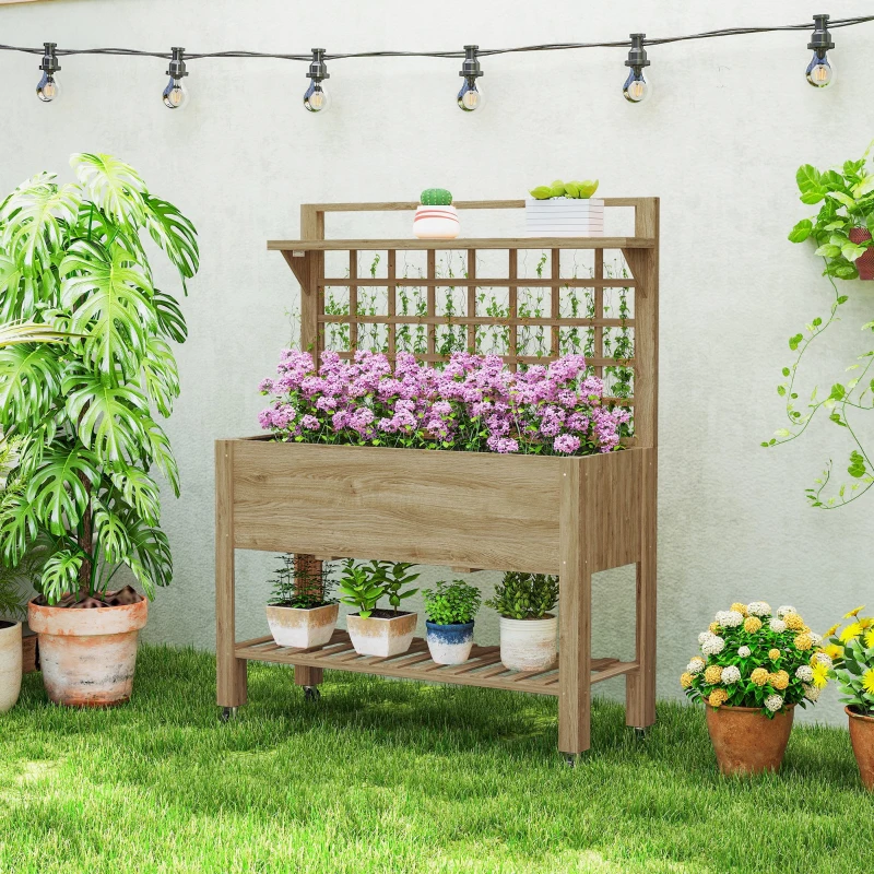 Outsunny 41" Raised Garden Bed Mobile Elevated Wooden Planter Box Stand with Wheels, Trellis and Storage Shelf, Dark Brown