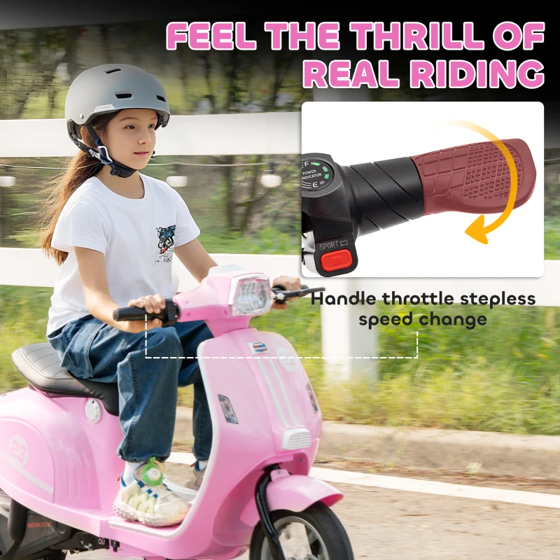 Qaba 24V Kids Motorcycle with 3-Speed, Electric Motorcycle with Rear Suspension and LED Lights for 8-12 Years Old, Pink