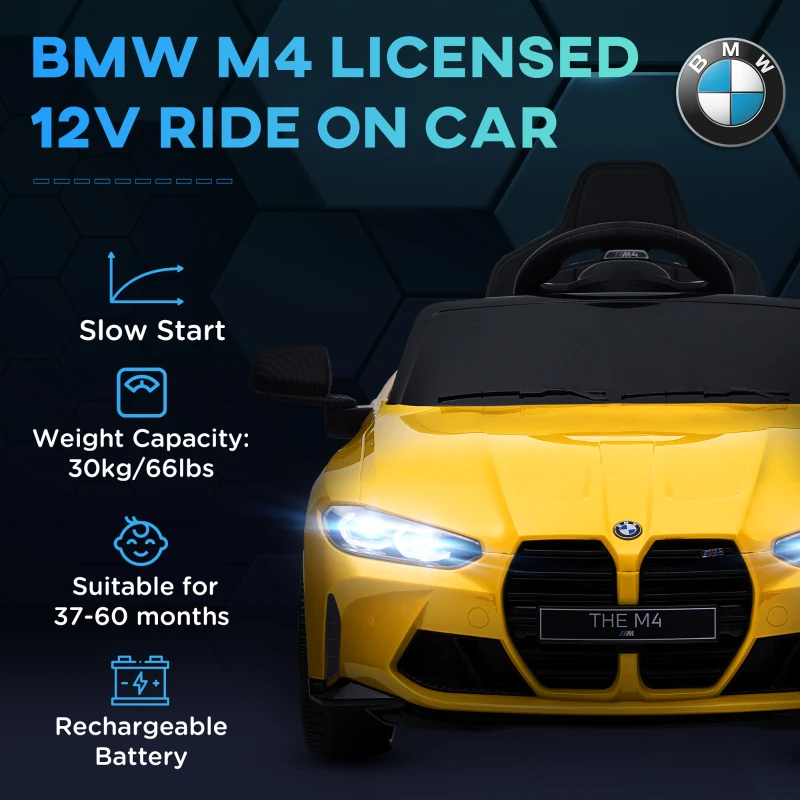 Qaba BMW M4 Licensed 12V Ride on Car, Kids Car w/ Remote Control, Suspension, Handle Attachment, LED Lights, Music, Yellow