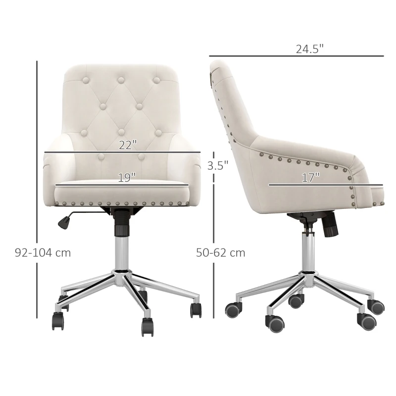 HOMCOM Modern Mid-back Desk Chair with Button Tufted Velvet Back, Nailhead Trim, Swivel Home Office Chair with Adjustable Height, Curved Padded Armrests, White