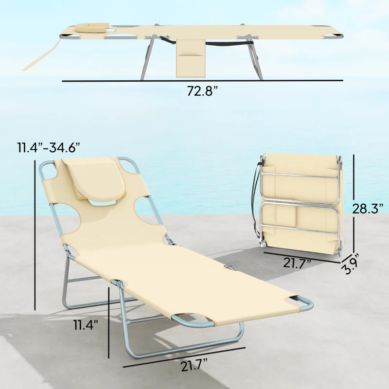 Outsunny 2 Tanning Chairs with Face Hole, 5-Level Adjustable Outdoor Chaise Lounge Chair with Pillow for Beach, Pool, Beige