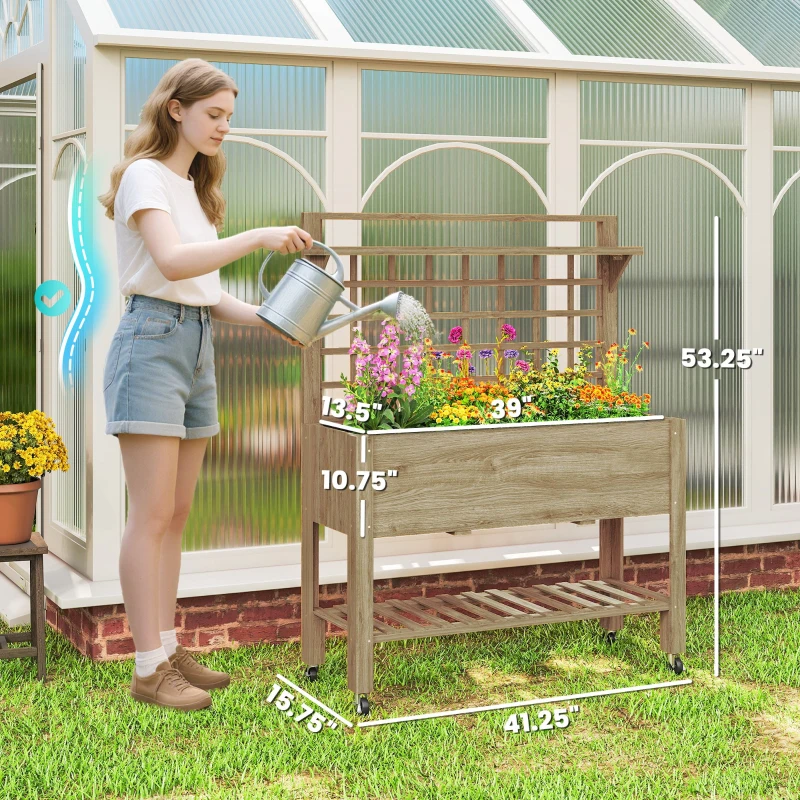 Outsunny 41" Raised Garden Bed Mobile Elevated Wooden Planter Box Stand with Wheels, Trellis and Storage Shelf, Dark Brown
