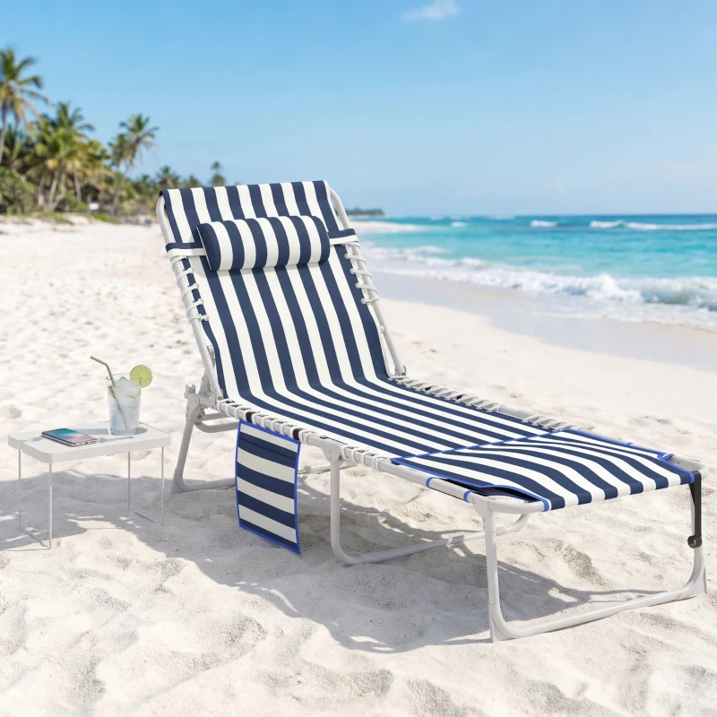 Outsunny Tanning Chair with Face Hole and Side Table, 5-Position Folding Outdoor Chaise Lounge Chair, Blue and White