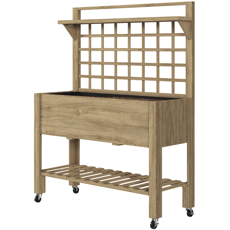 Outsunny 41" Raised Garden Bed Mobile Elevated Wooden Planter Box Stand with Wheels, Trellis and Storage Shelf, Dark Brown