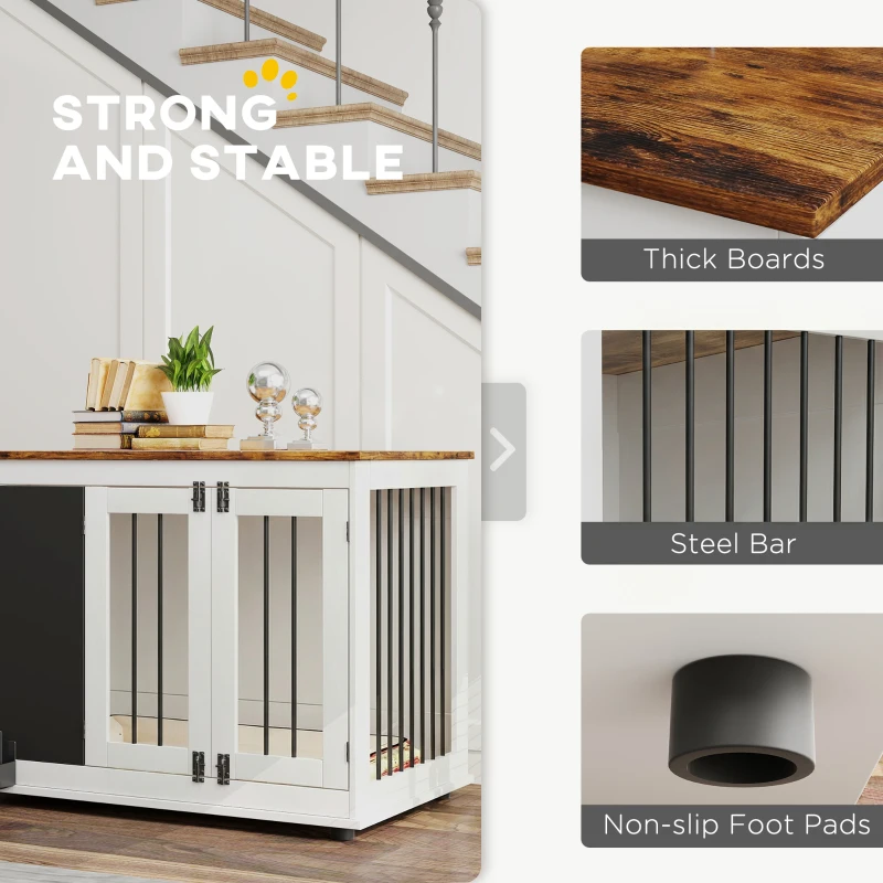 PawHut 39" Dog Crate Furniture Side Table for Large Dogs with Three Doors, Blackboard & Non-Slip Foot Pads, White