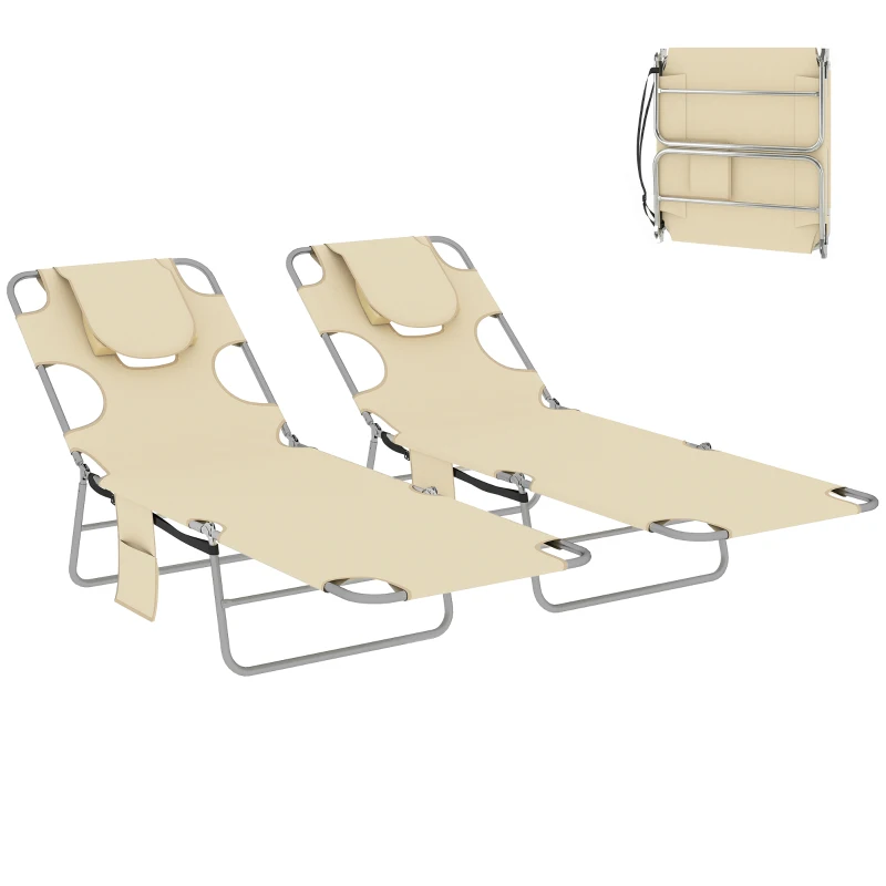Outsunny 2 Tanning Chairs with Face Hole, 5-Level Adjustable Outdoor Chaise Lounge Chair with Pillow for Beach, Pool, Beige