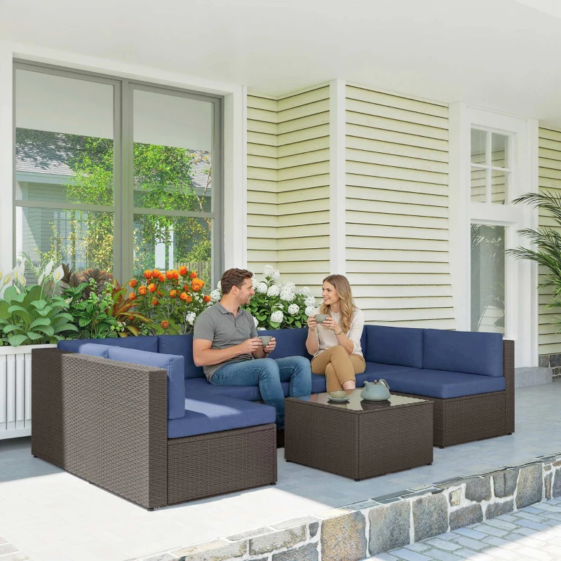 Outsunny 7 Piece Patio Furniture Set, All Weather PE Rattan Outdoor Furniture Conversation Sets with Glass Top Coffee Table