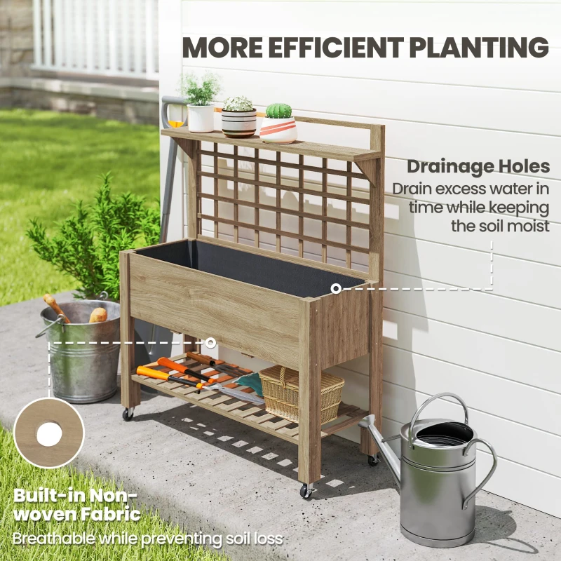 Outsunny 41" Raised Garden Bed Mobile Elevated Wooden Planter Box Stand with Wheels, Trellis and Storage Shelf, Dark Brown