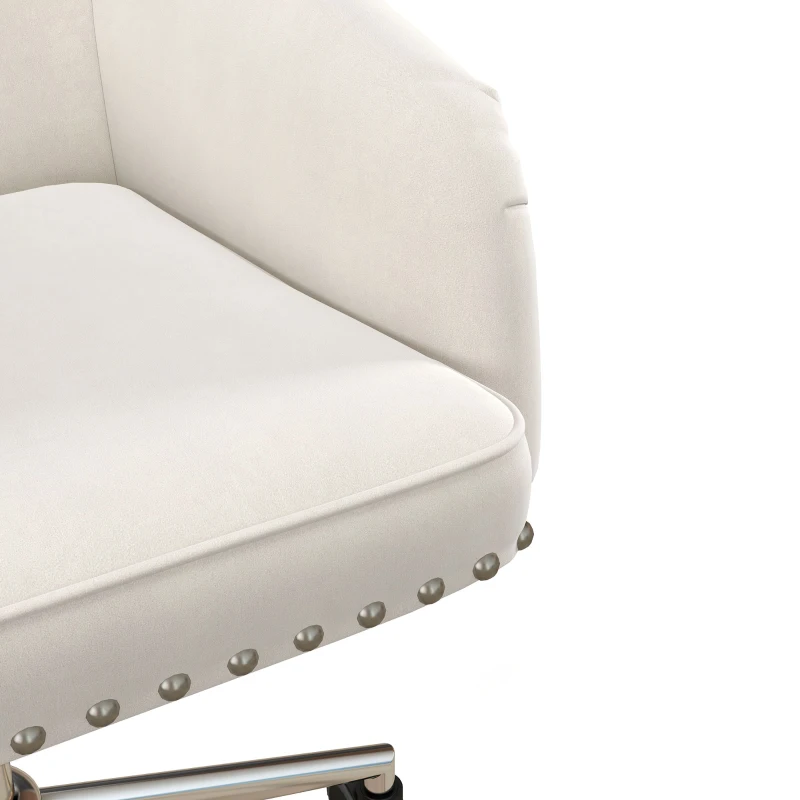 HOMCOM Modern Mid-back Desk Chair with Button Tufted Velvet Back, Nailhead Trim, Swivel Home Office Chair with Adjustable Height, Curved Padded Armrests, White