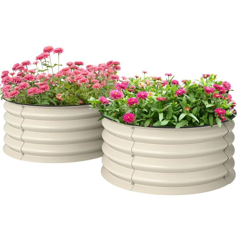 Outsunny Set of 2 Raised Garden Bed, Metal Planter Box with Safety Edging, Easy-to-assemble Stock Tank, Cream
