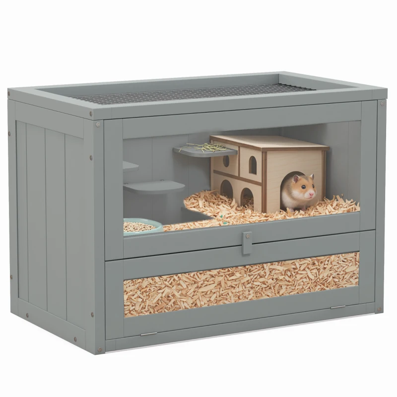 PawHut 2-Level Hamster Cage with Openable Top, Door, Shelf, Ladder, Gray