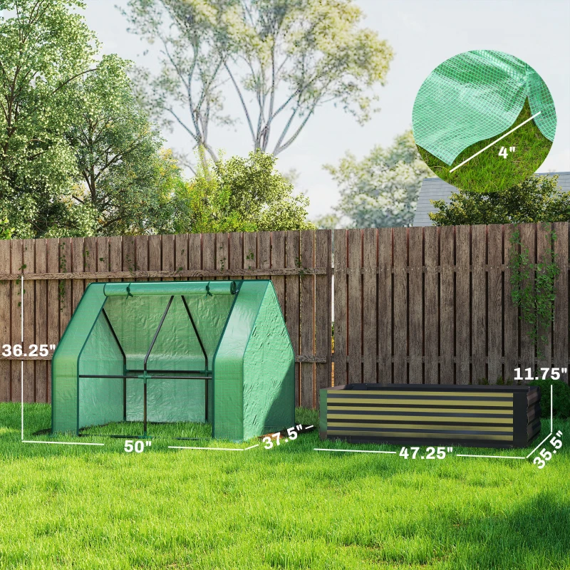 Outsunny 4 x 3 x 3ft Raised Garden Bed with Mini Greenhouse, Galvanized Raised Garden Bed with Cover, Green and Dark Gray