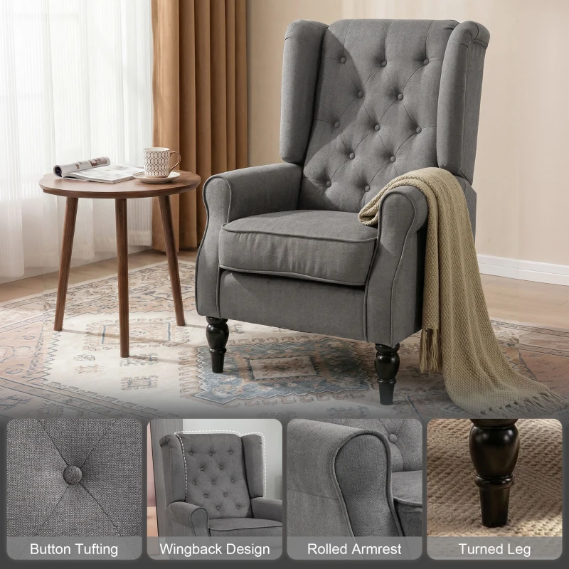 HOMCOM Wingback Accent Chair for Living Room, Button-Tufted Lounge Chair with Round Armrests and Wood Legs, Dark Gray