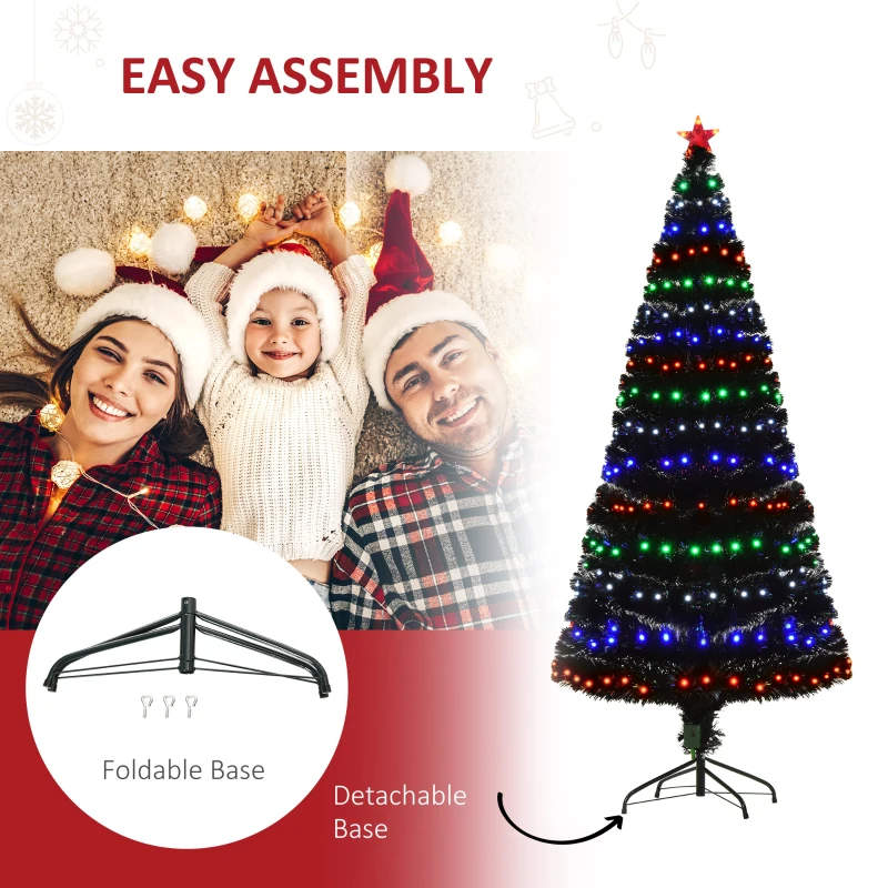 HOMCOM 6ft Tall Fir Artificial Christmas Tree with Realistic Branches, 230 Multi-Color Fiber Optic LED Lights and 230 Tips, Black