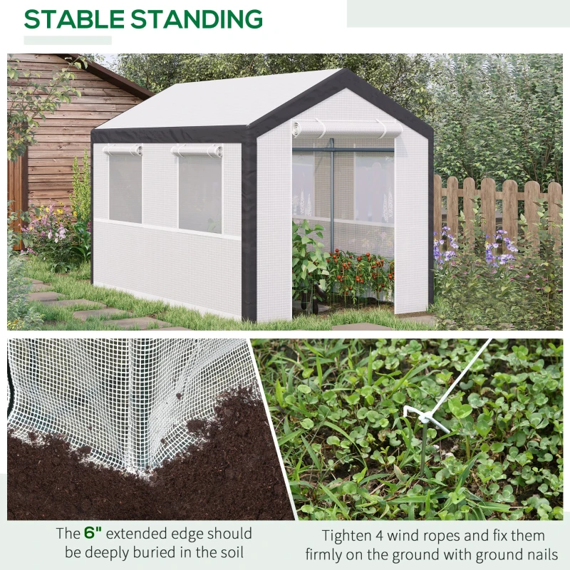 Outsunny 10' x 7' x 7' Greenhouse, Walk-in Outdoor Tunnel Green House with PE Cover, Steel Frame, 2 Roll-Up Zipper Doors & 4 Windows for Flowers, Vegetables, Tropical Plants, White