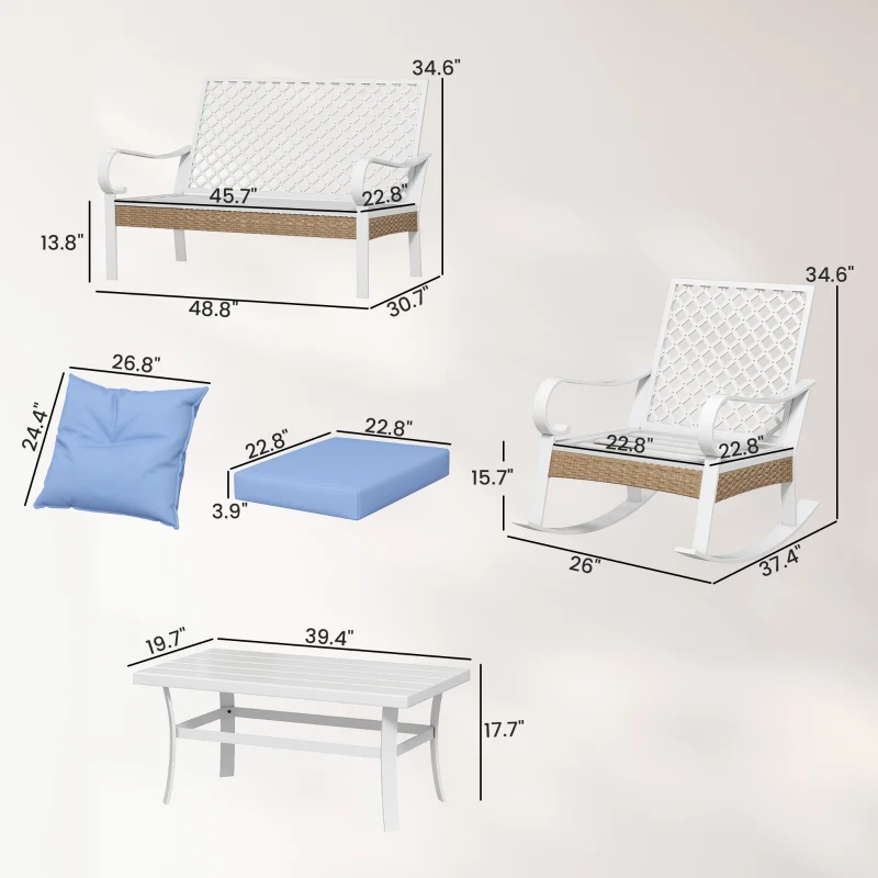 Outsunny 4-Piece Patio Furniture Set with Rocking Chairs & Loveseat, Coffee Table, Cushions for Backyard, Lawn and Pool, Blue
