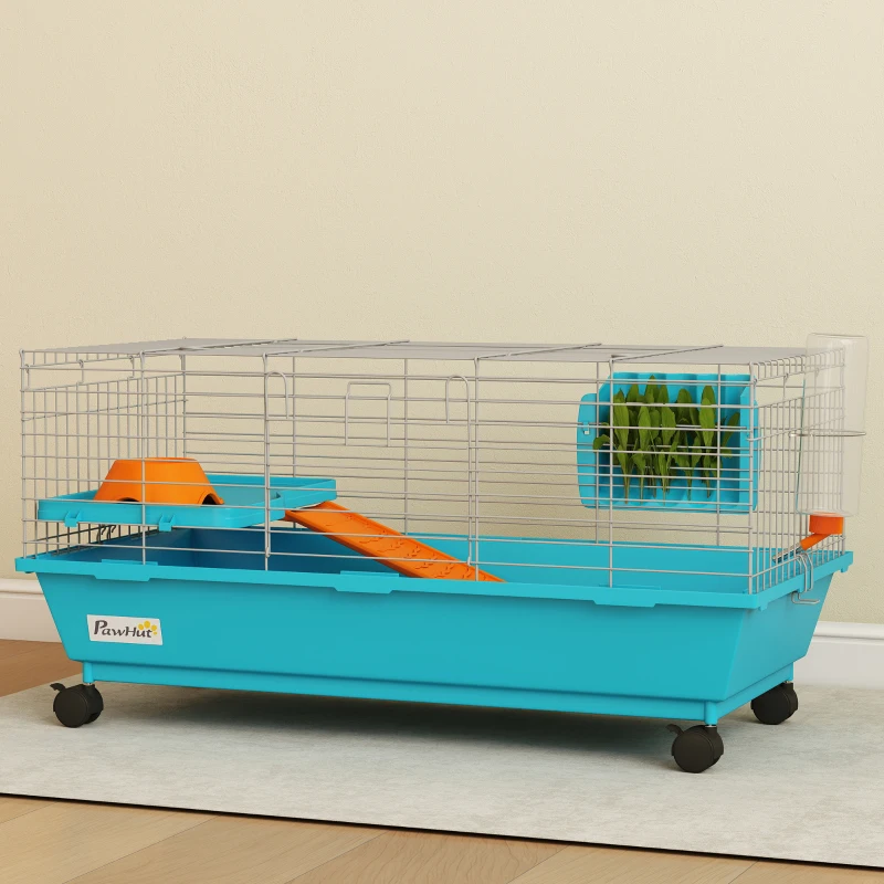 PawHut 35"L Small Animal Cage, Rolling Bunny Cage, Guinea Pig Cage with Wheels, Food Dish, Water Bottle, Hay Feeder, Blue
