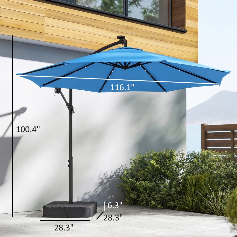 Outsunny 10 ft Cantilever Patio Umbrella with Light, Weight, Offset Hanging Outdoor Umbrella with Protective Cover, Lake Blue