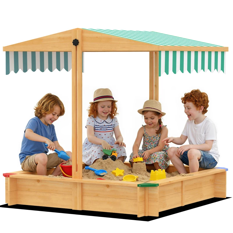 Outsunny Wooden Sandbox with Cover, Kids Sandbox Outdoor with Adjustable Canopy and Seats for Backyard, Beach, Light Brown