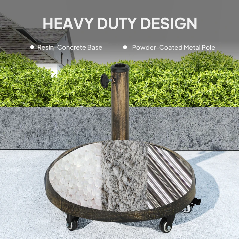 Outsunny Round Patio Umbrella Base, 46 lbs Resin Umbrella Base with Wheels, Outdoor Umbrella Stand for 1.3"/1.5"/1.9" Umbrella Poles for Outdoor, Lawn, Poolside, Bronze