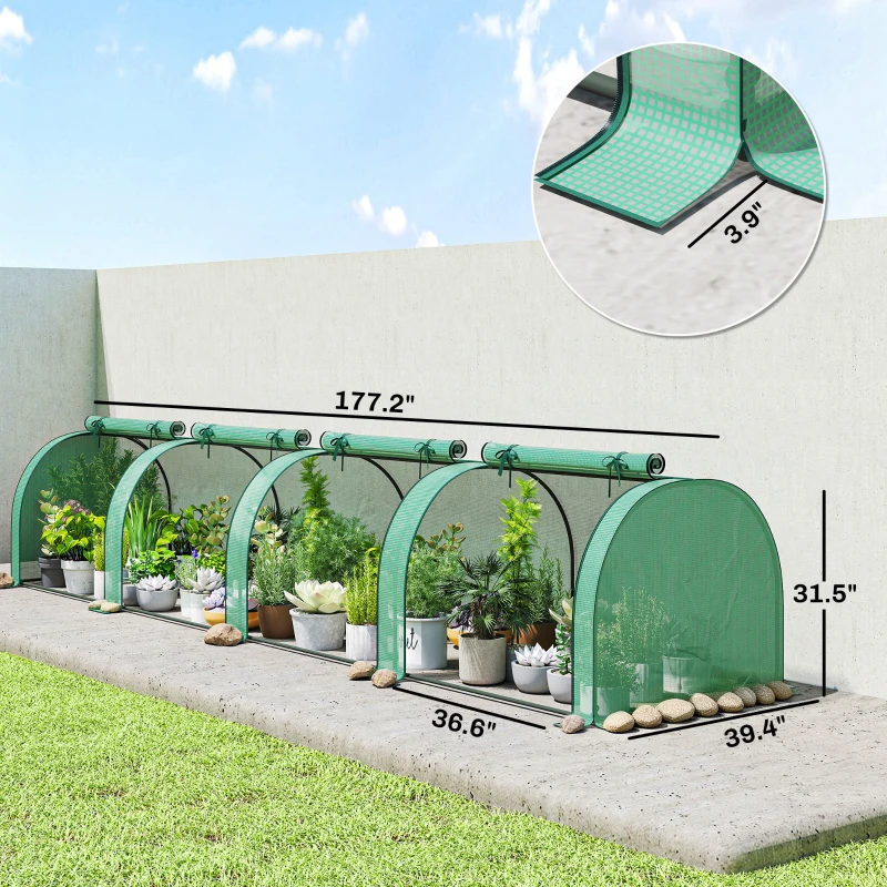 Outsunny Mini Greenhouse, Portable Greenhouse with 4 Roll-Up Doors, PE Cover, 177.2" x 39.4" x 31.5", Green