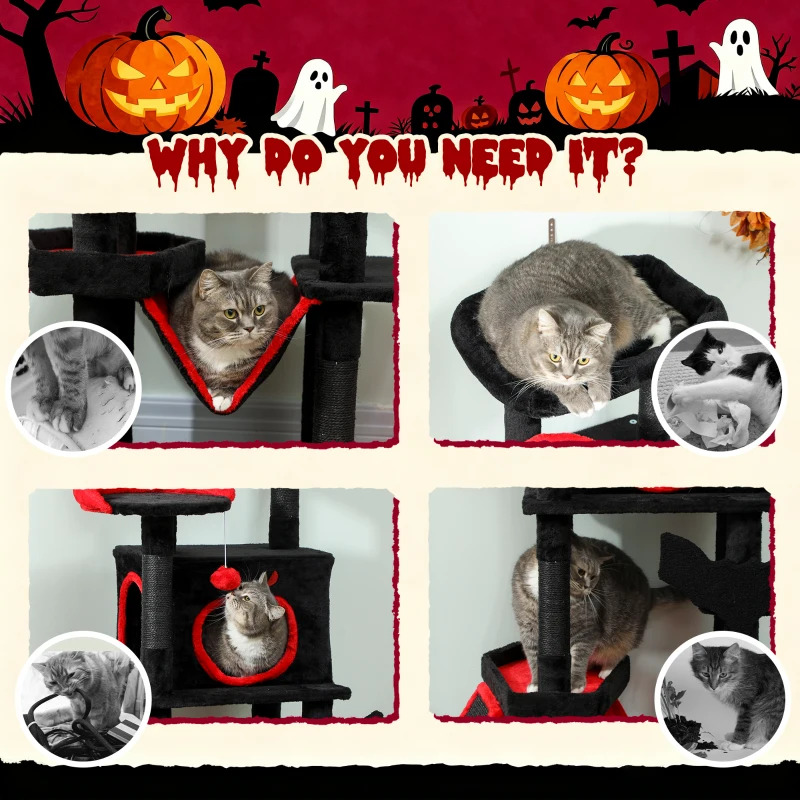 PawHut Gothic Cat Tree, 60" Tall Cat Tower with Coffin Bed,  Sisal Scratching Posts & Ramp, Condo, Hammock, Perches, Black