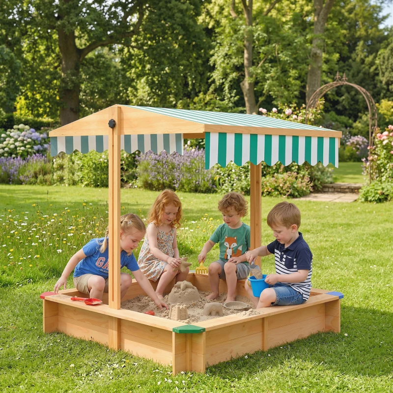 Outsunny Wooden Sandbox with Cover, Kids Sandbox Outdoor with Adjustable Canopy and Seats for Backyard, Beach, Light Brown