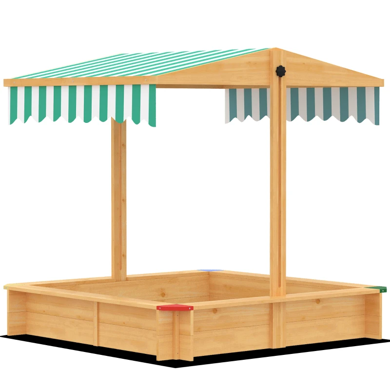 Outsunny Wooden Sandbox with Cover, Kids Sandbox Outdoor with Adjustable Canopy and Seats for Backyard, Beach, Light Brown