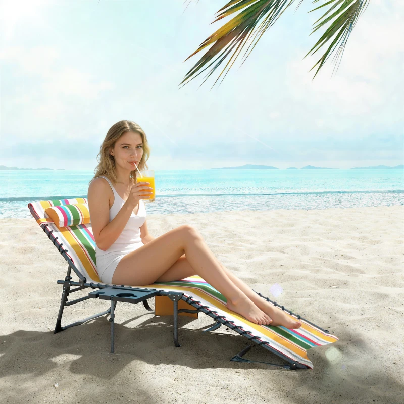 Outsunny Folding Outdoor Chaise Lounge Chair Tanning Chair with 5-Level Adjustable Back, Side Table, Pillow, Pocket, Mixed Color