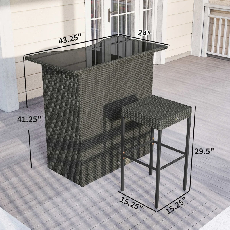 Outsunny 5 Piece Rattan Wicker Bar Set, High Top Outdoor Table and Chairs, Bar Height Patio Set, 2 Shelves & 4 Bar Stools, Gray