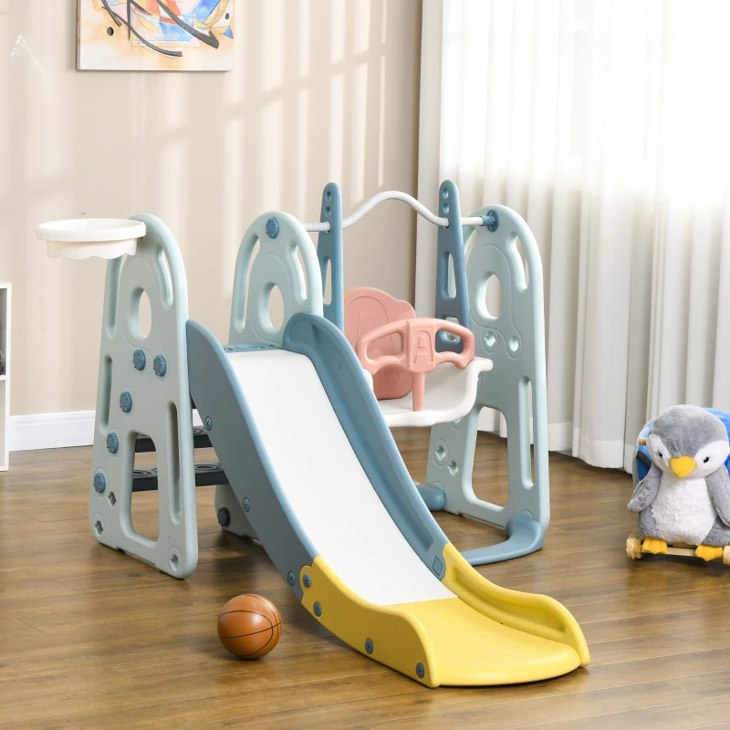 Qaba 4 in 1 Toddler Slide and Swing Set with Adjustable Seat Height and Basketball Hoop, Freestanding Kids Climber Slide Playset with Basket Ball for Indoor Playground 18-60 Months