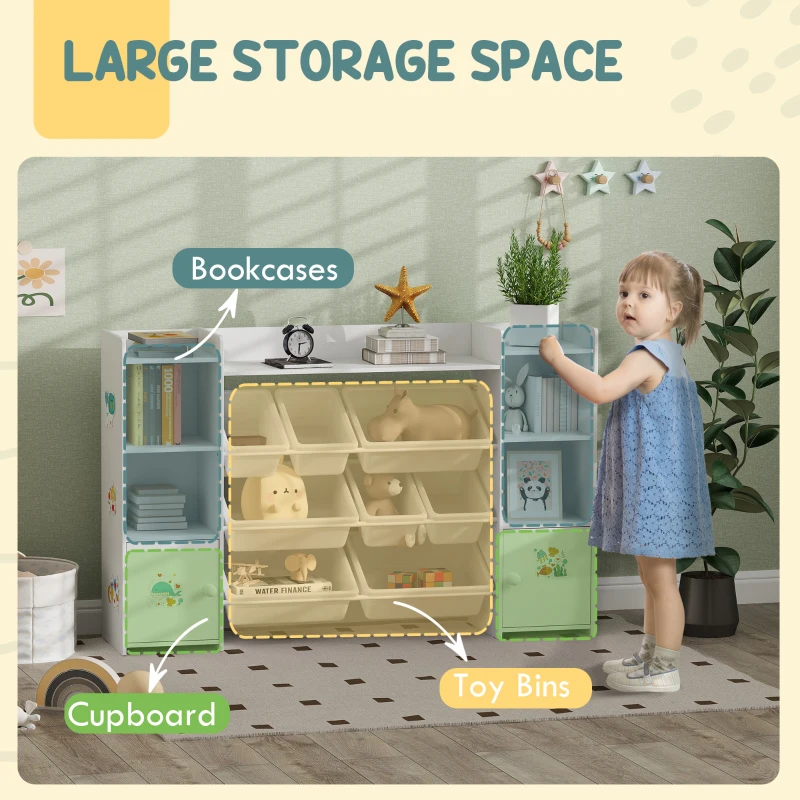 Qaba Kids Toy Organizers and Storage with 8 Removable Storage Bins and Bookshelf, White