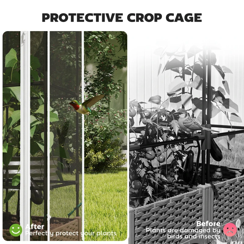 Outsunny Raised Garden Bed with Trellis, 46.5" Tomato Cage with Crop Cage, Self Watering Planter Box with Drainage Holes, White