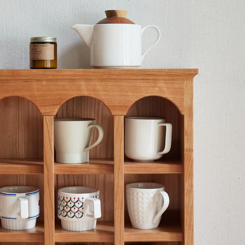 Solid Cup Storage Rack with Ample Shelving & Eco-Friendly Finish, Durable Cabinet for Dining Space, 24.5″ L x 6″ W x 22″ H, Natural Cherry