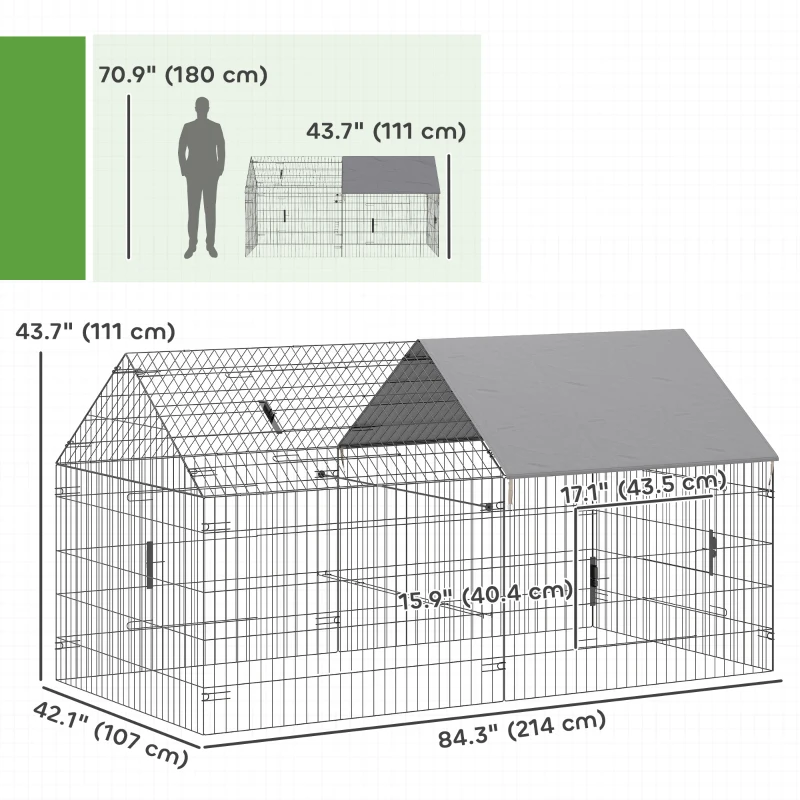 PawHut Metal Chicken Coop, Large Chicken Run with Water-Resistant & Anti-UV Cover for 2-3 Hens, Outdoor Hen House with 4 Doors