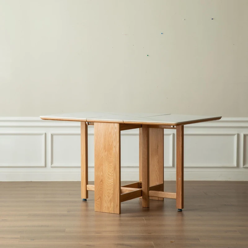 Solid Oak Extending Dining Table with Faux Rock Slab Top, Space-Saving Kitchen Table for 4-6 People, 559″ L x 31.5″ W x 29.5″ H, Light Oak